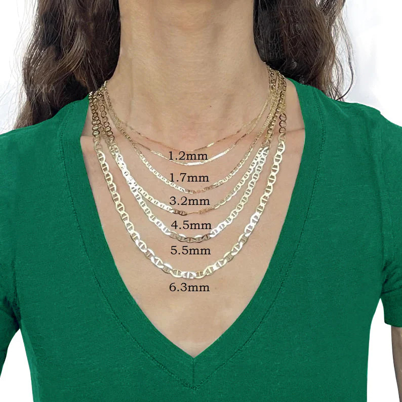 Solid 14K Yellow Gold Link Anchor Chain Necklace, 1.2mm To 6.3mm Wide