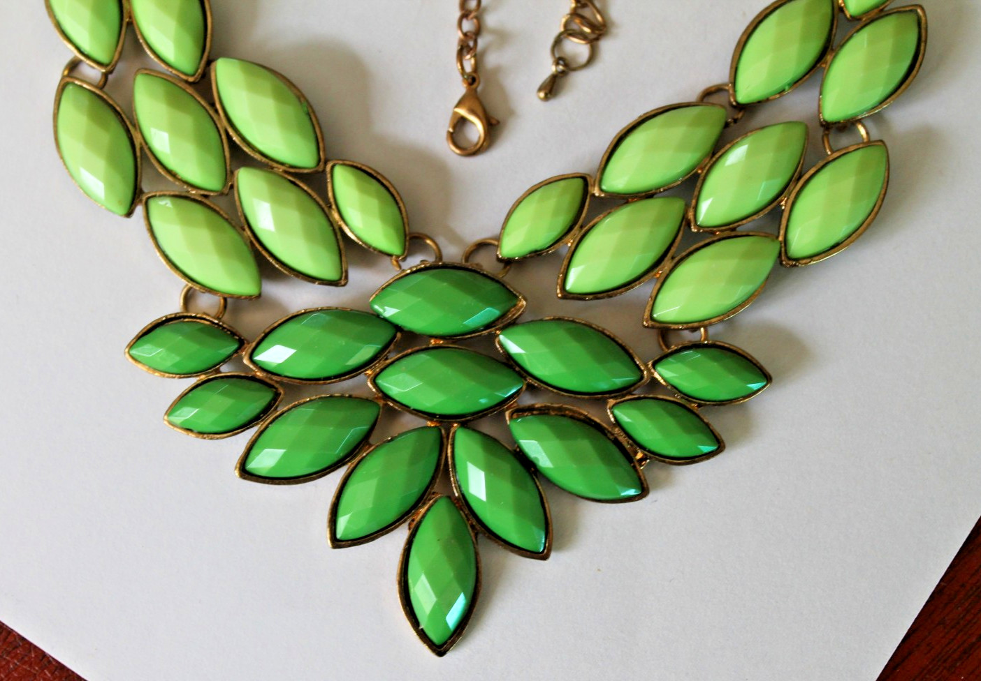 Light & Dark Green Gold Tone Chain Statement Bib Necklace Bib Acrylic Navettes