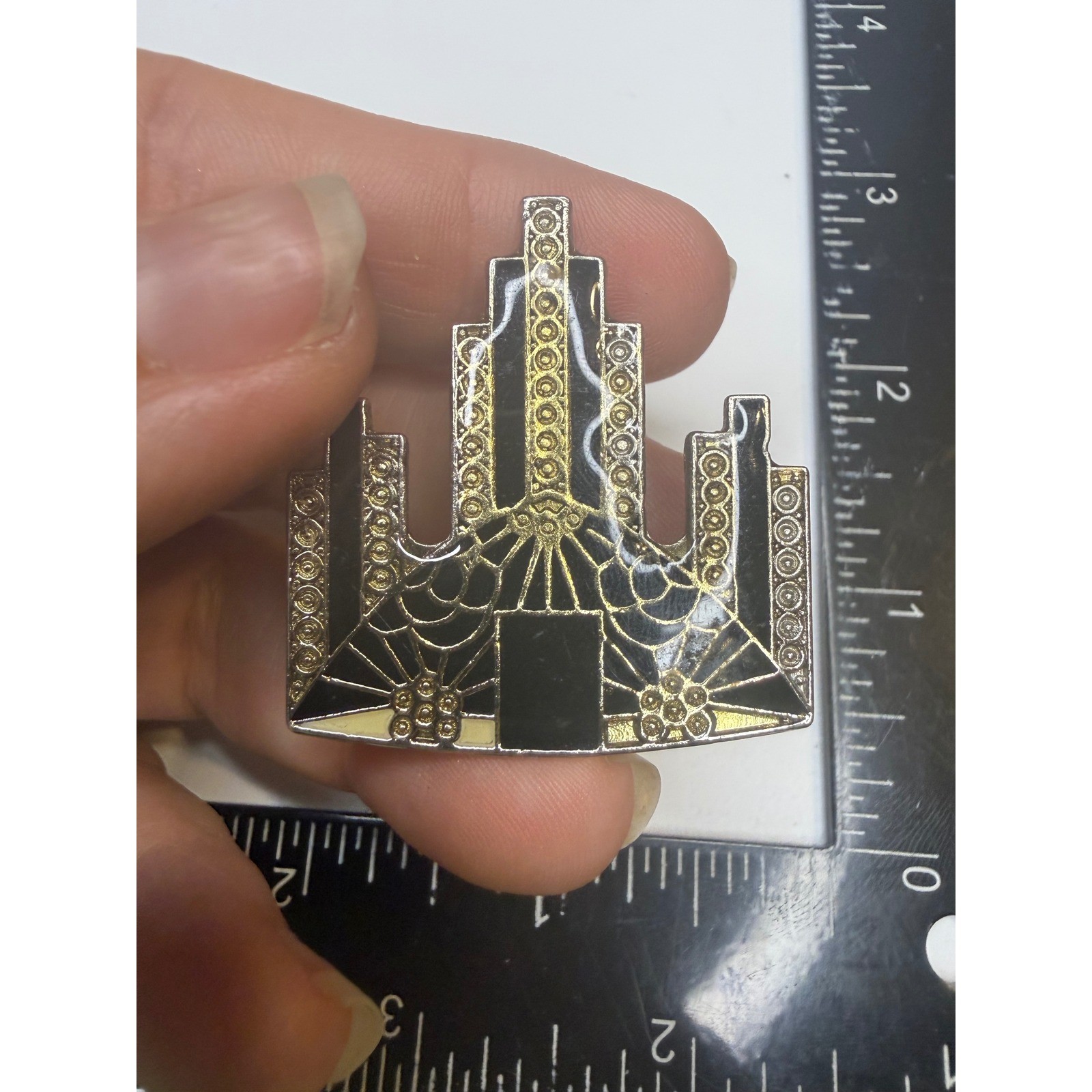 Art Deco Skyscraper Brooch Silver Tone Black Gold Skyline Pin Architecture