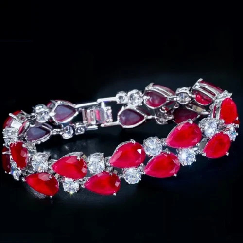 18k White Gold Filled Lab-Created Red Ruby & Simulated Diamond Tennis Bracelet