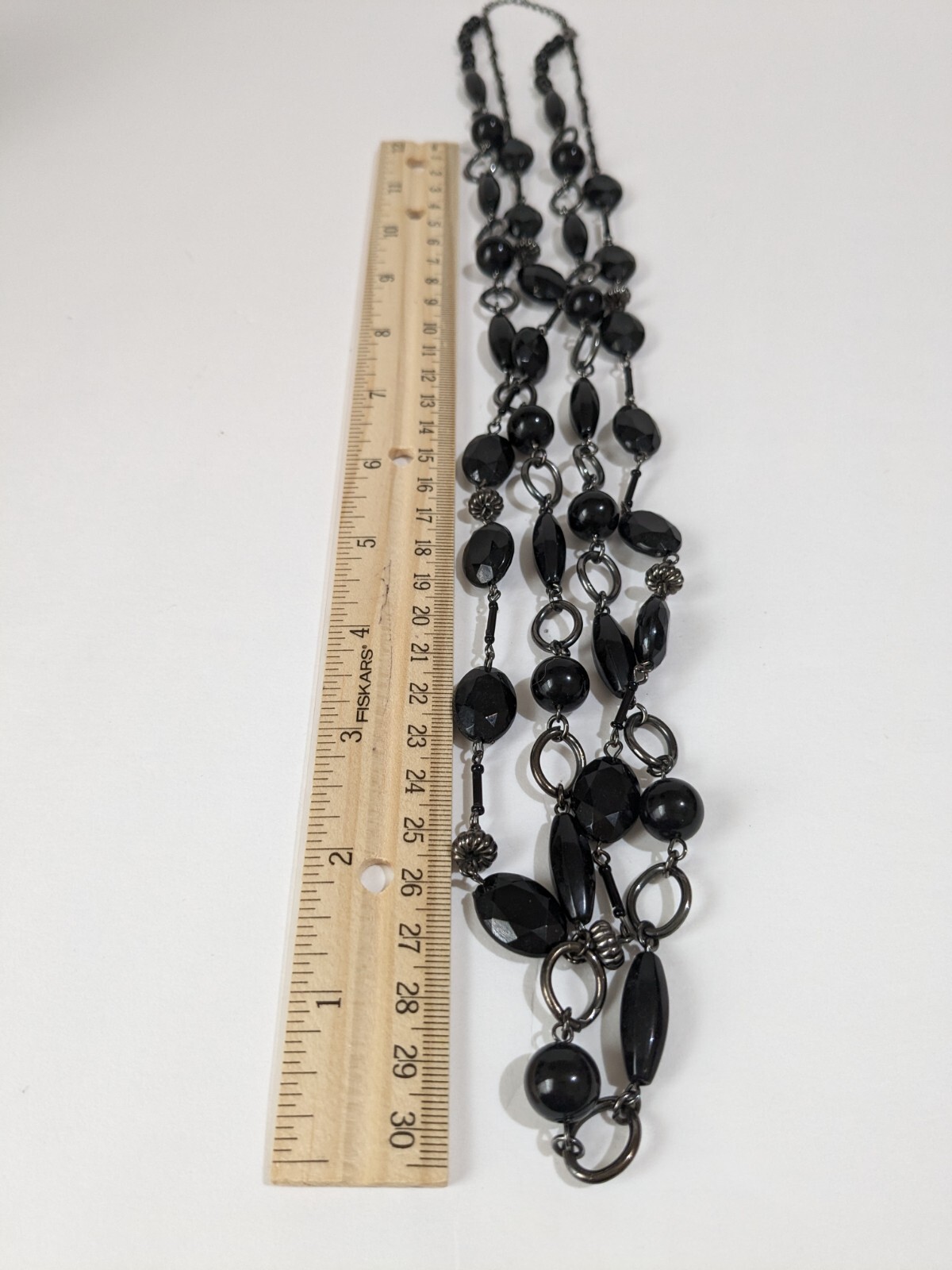 Multi Layer Gun Metal Gray Cable Link Necklace With Acrylic Black Faceted Beads.