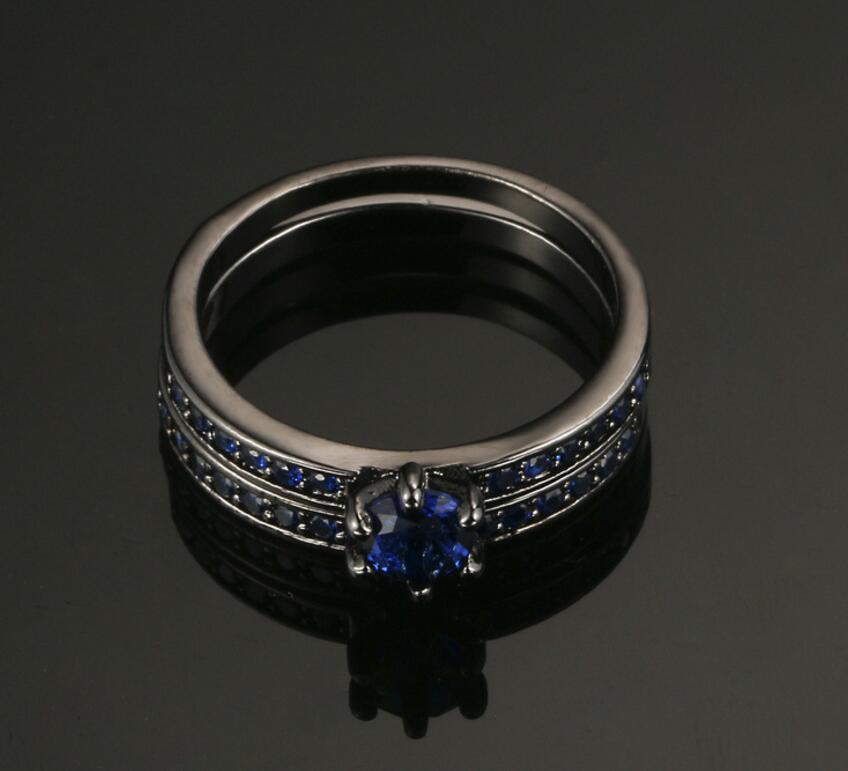 18KGP Black Gold Round Cut AAA Sapphire CZ Engagement Ring Weding Band Set