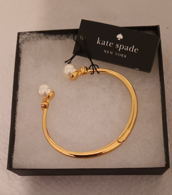 Kate Spade New York Gold Tone Metal Stackable Bangle Cuff Bracelet w/ Pearls
