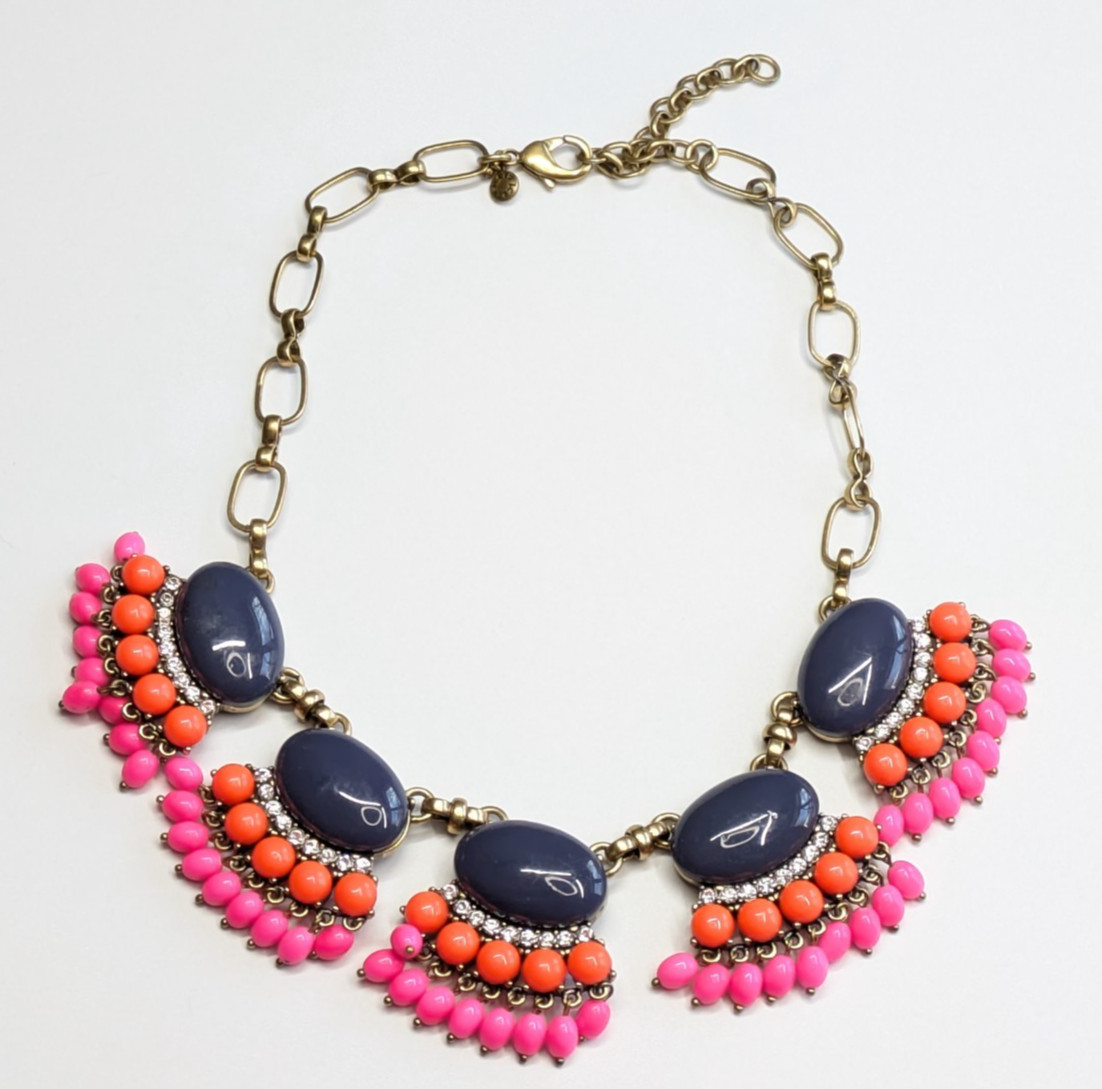 J. Crew Chunky Navy Blue Pink Orange Beaded Statement Brass Chain Necklace