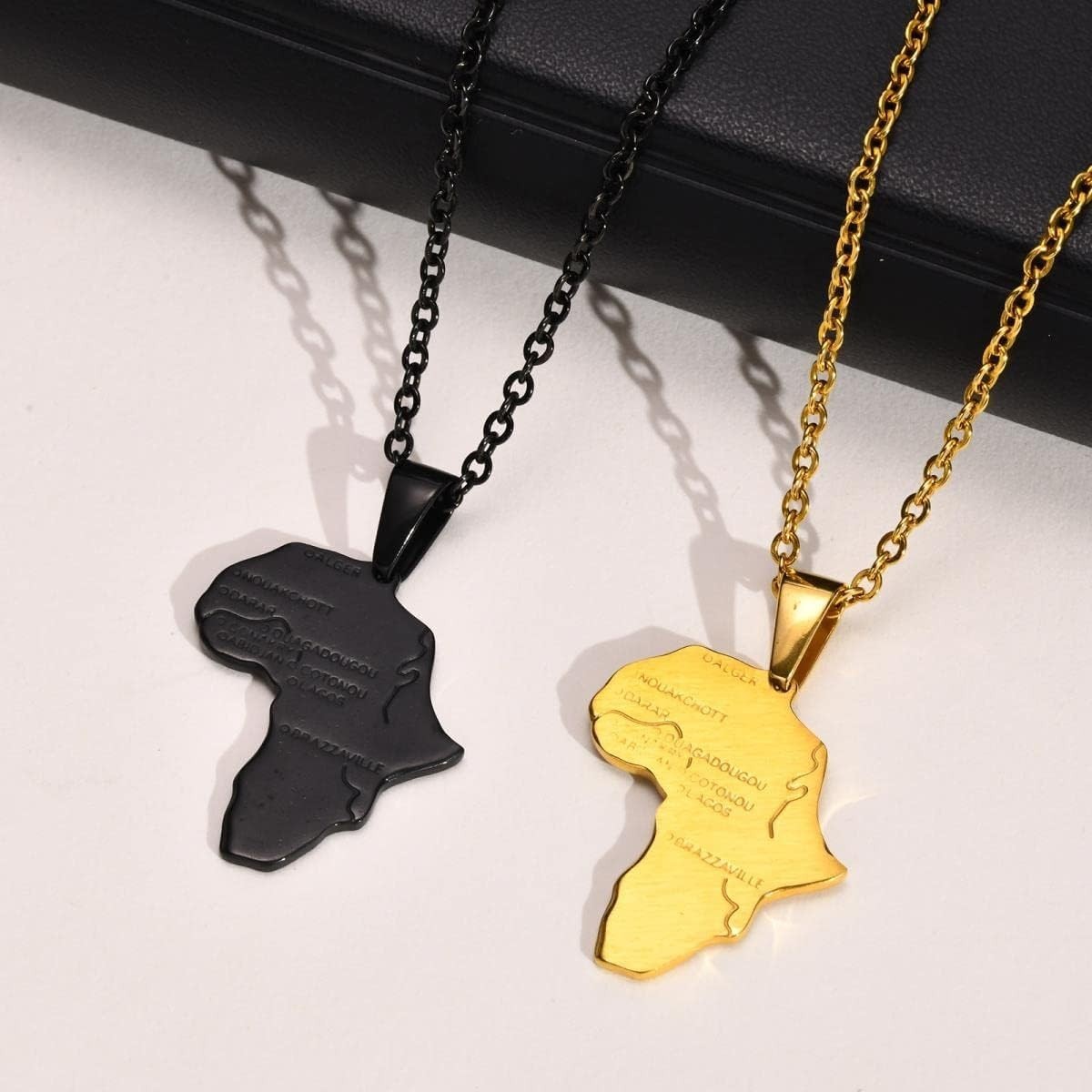 Africa Map Pendant Necklace with Engraved Capital Cities Stainless Steel Jewelry
