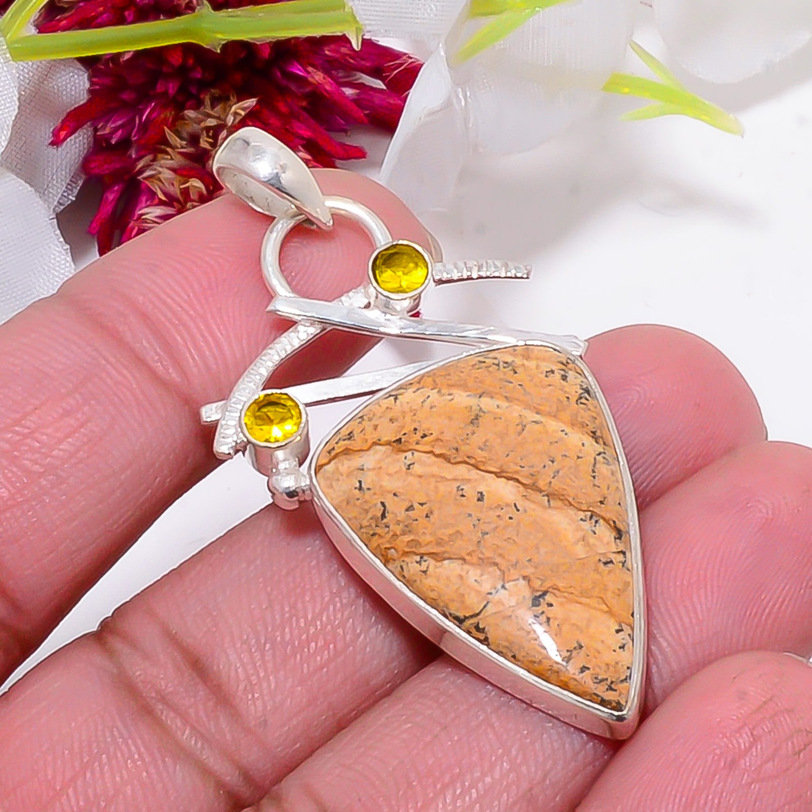 Picture Jasper – Oregon & Citrine 925 Sterling Silver Pendant 2.15″ sku12