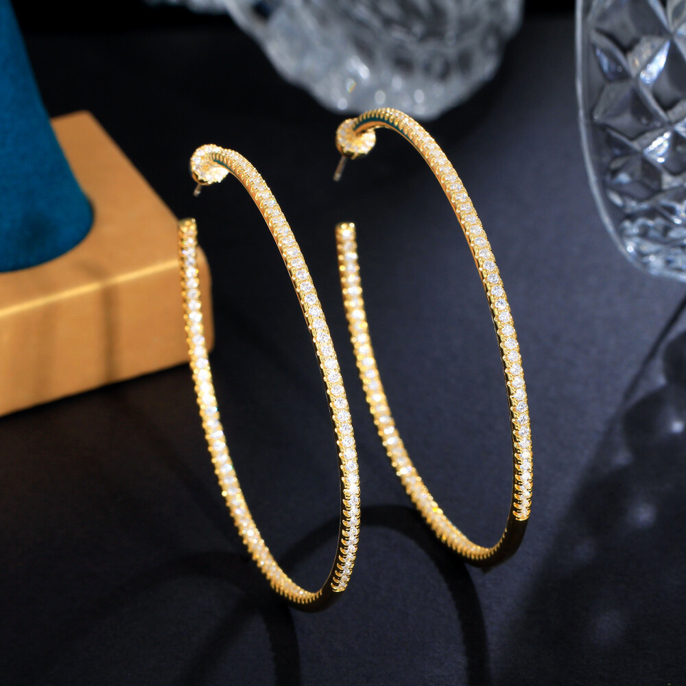 Oversize Silver Plated Cubic Zircon Big Thin Round Loop Hoop Earrings for Women