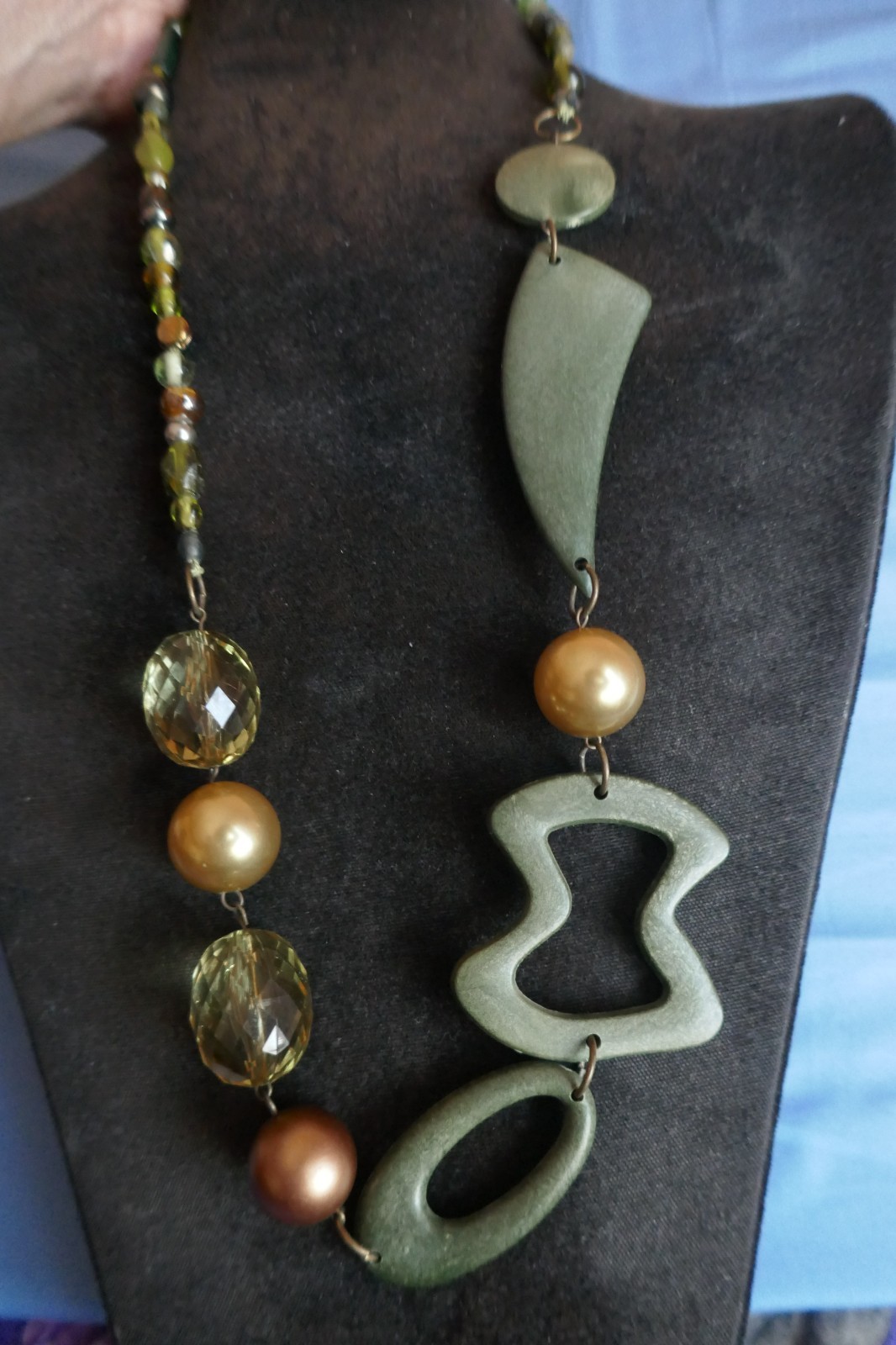40″ Long Necklace Green Copper Gold Large Abstract Shapes Acrylic & Glass Beads