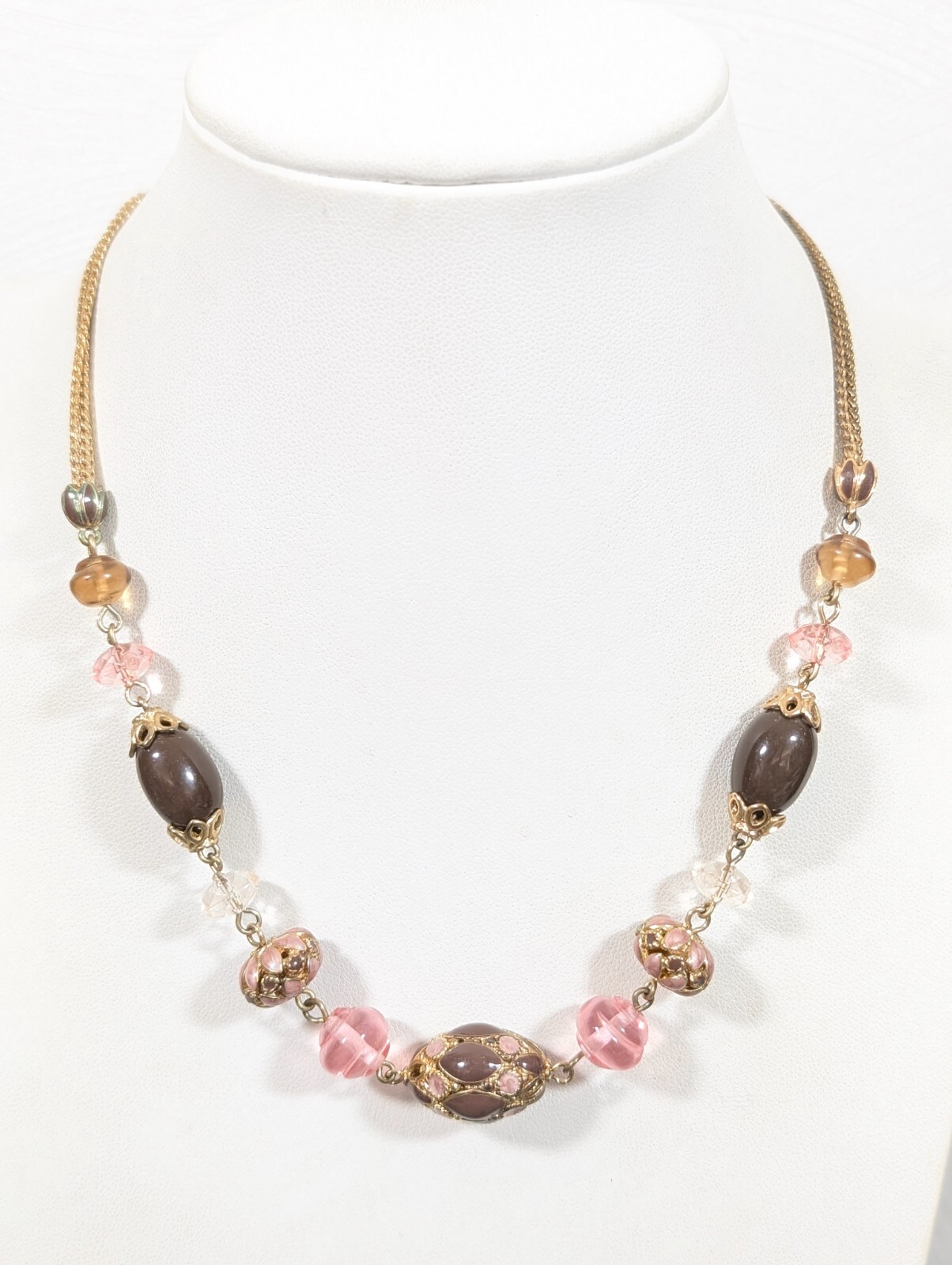 Retro Pink Brown Enamel Egg Bead Triple Chain Neckalce 19 in