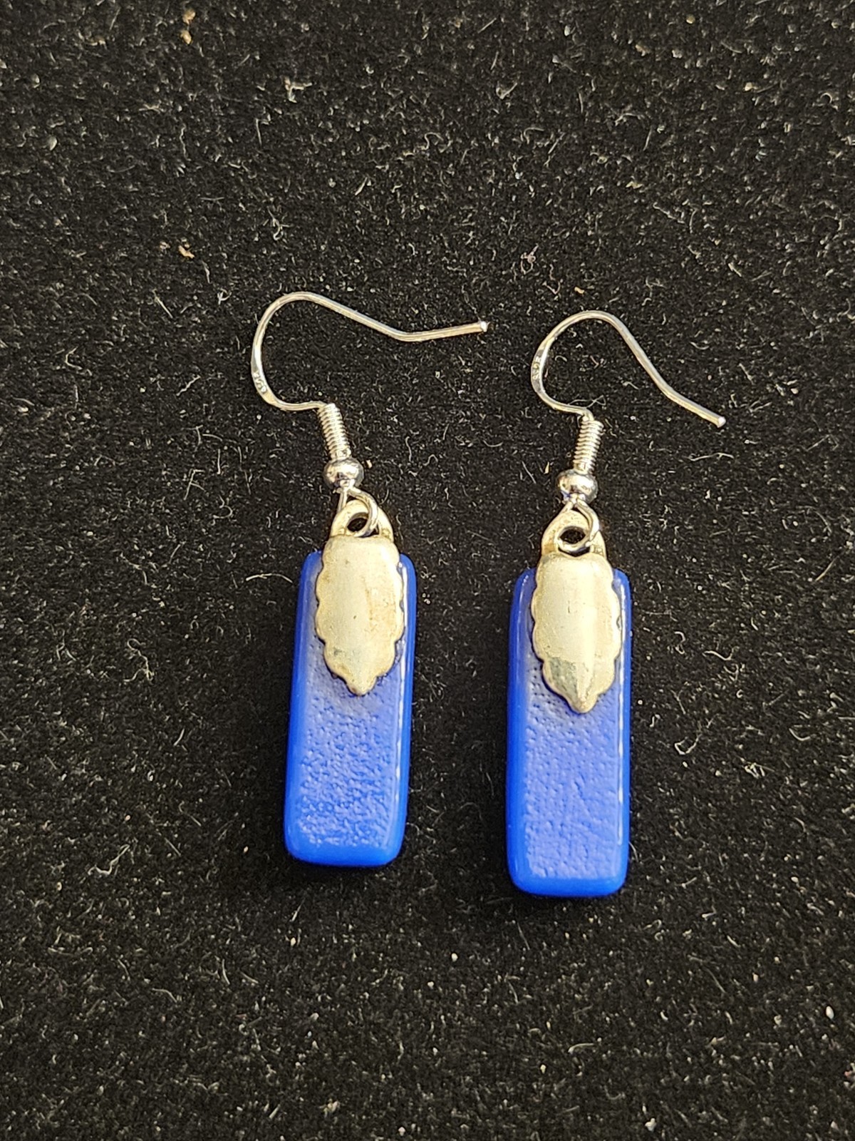Blue Rectangle Glass & Metal Dangle/Drop Earrings Hook Closure With Stone