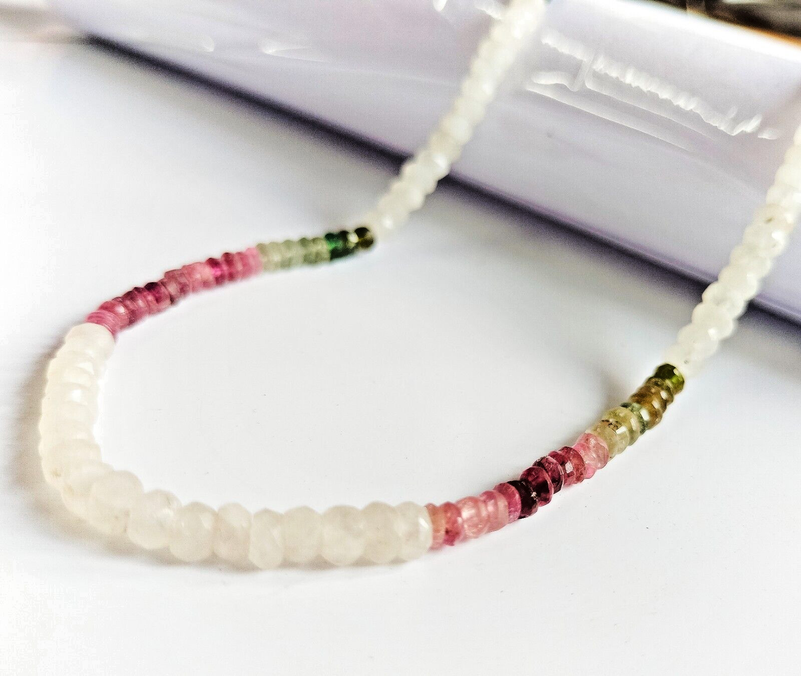 Multi Turmuline & Moonstone Beads Necklace 18 inch Long , 55 cts Gift for Mom,