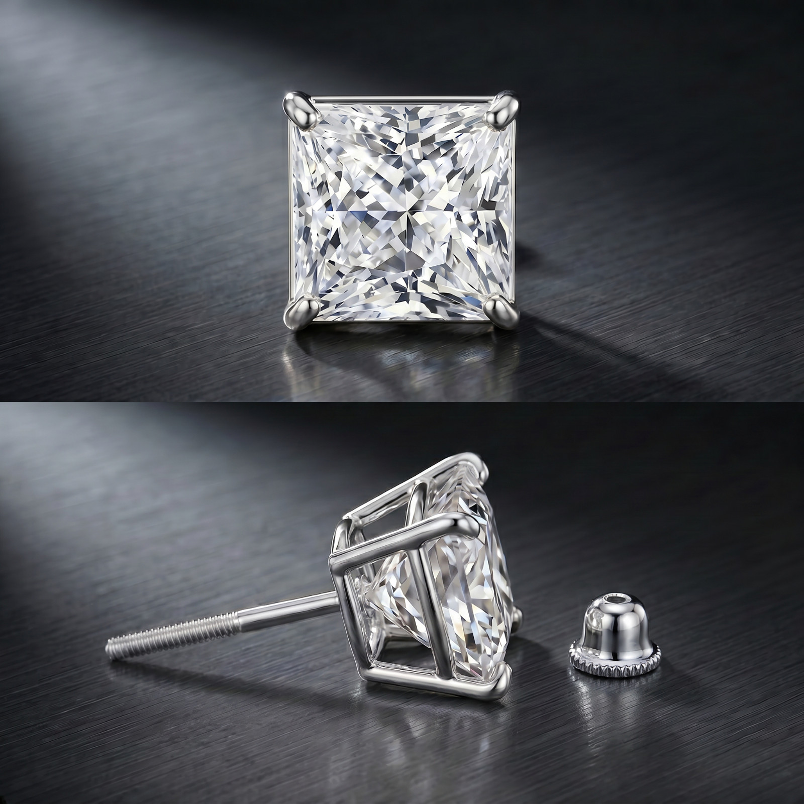 14K White Gold Square Princess Cut Cubic Zirconia Screw Back Ear Stud Earrings