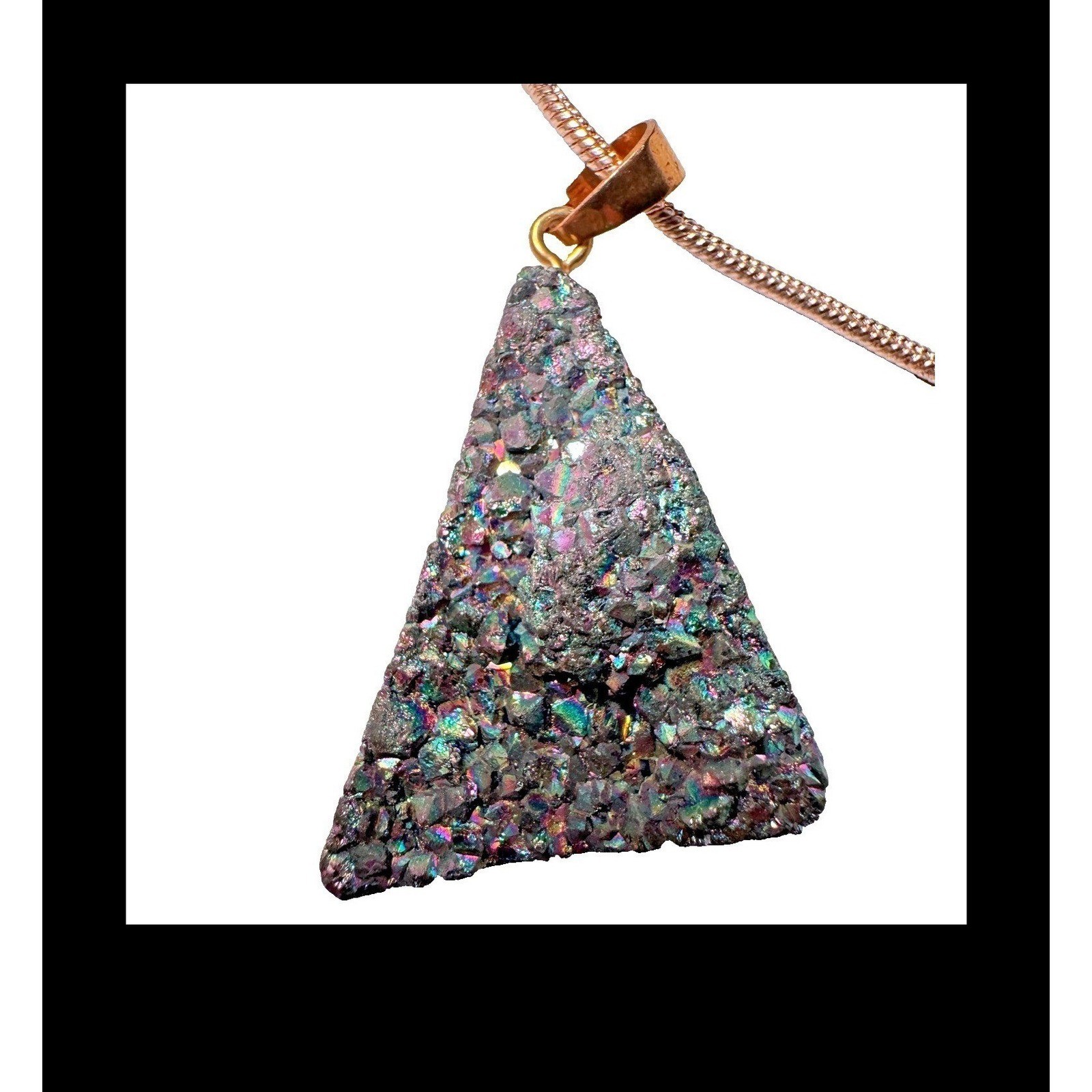 Iridescent Rainbow Druzy Quartz Triangle Pendant Necklace Rose Gold TONE Chain