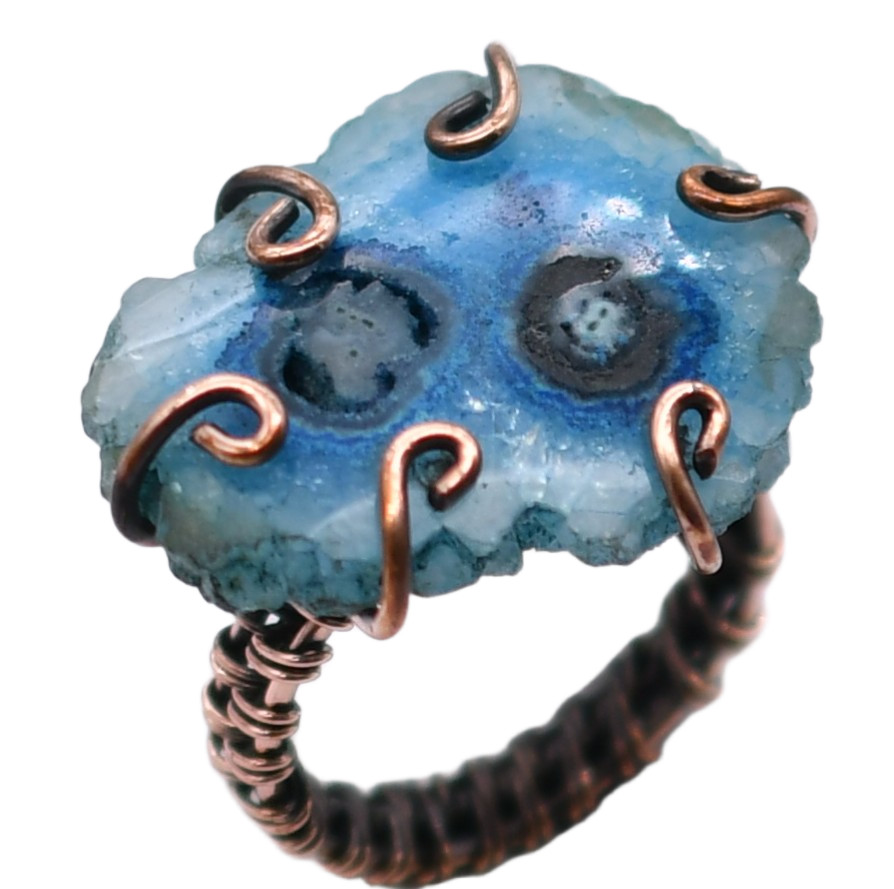 Geode Druzy Agate Natural Gemstone Copper Wired Ring US Size-8.25 A230