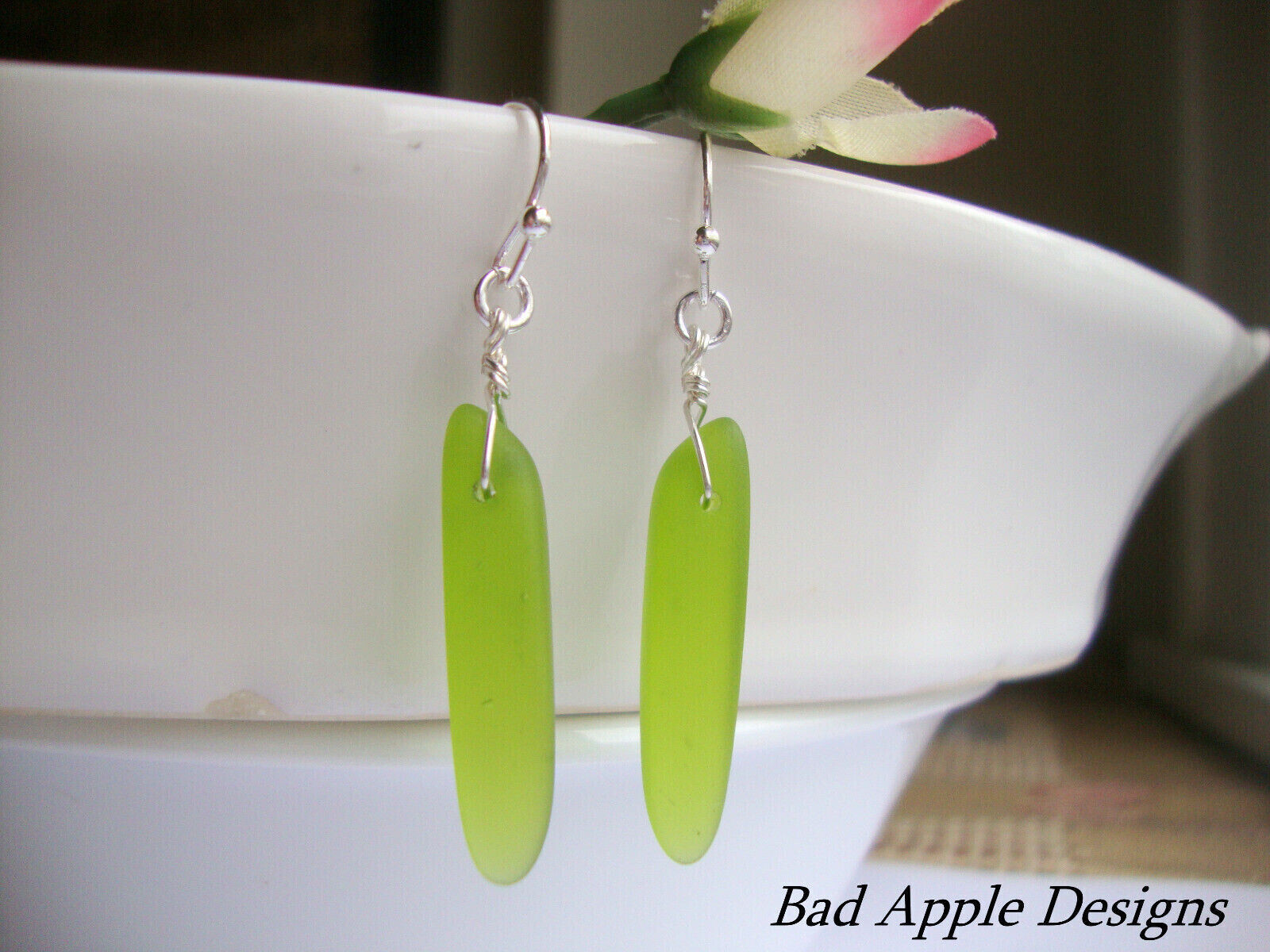 Long Frosted Green Sea Glass, Silver Dangle Earrings