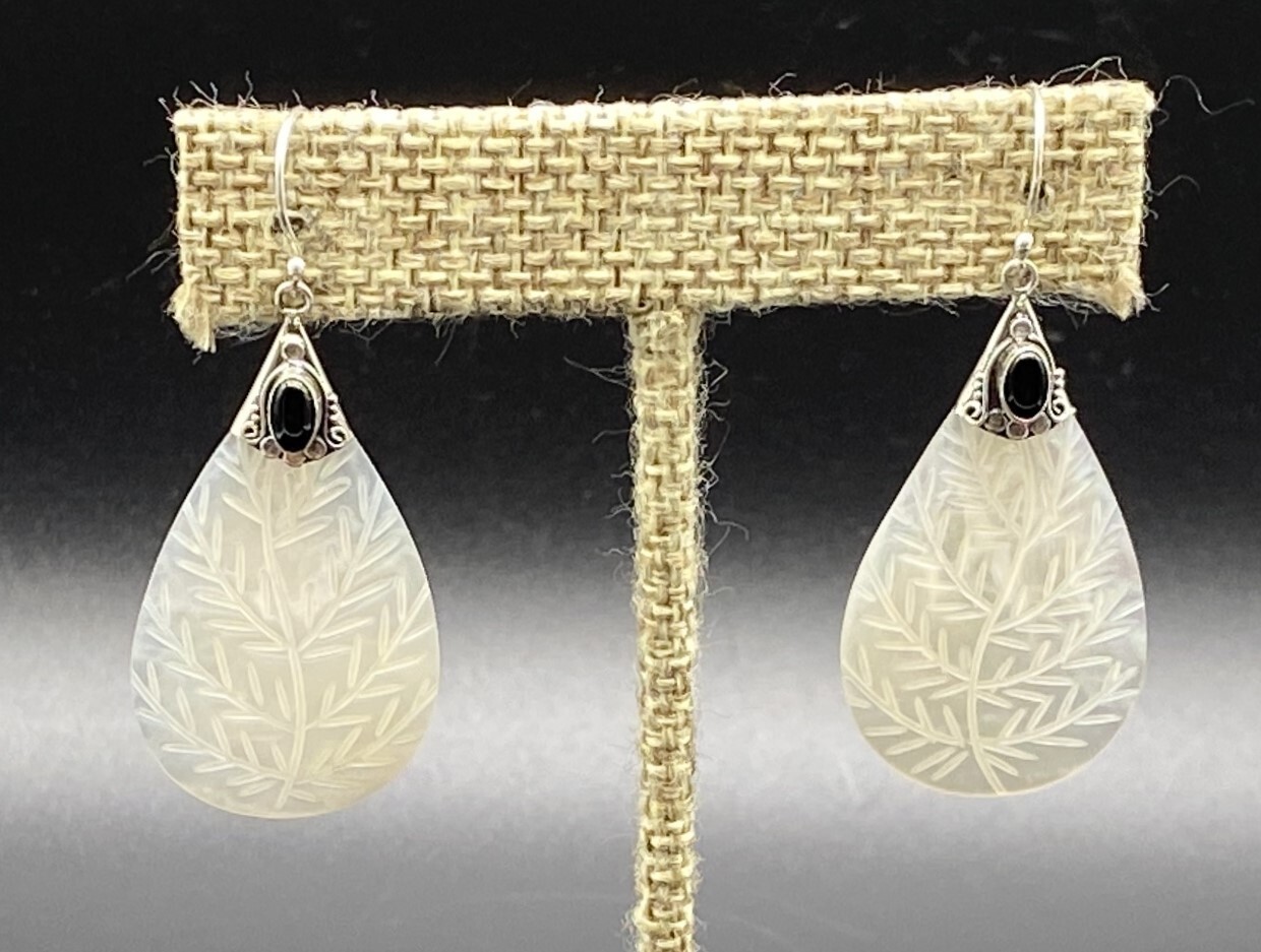 SAMUEL B.-Sterling Silver Onyx Floral Etched MOP Teardrop Dangle Earrings