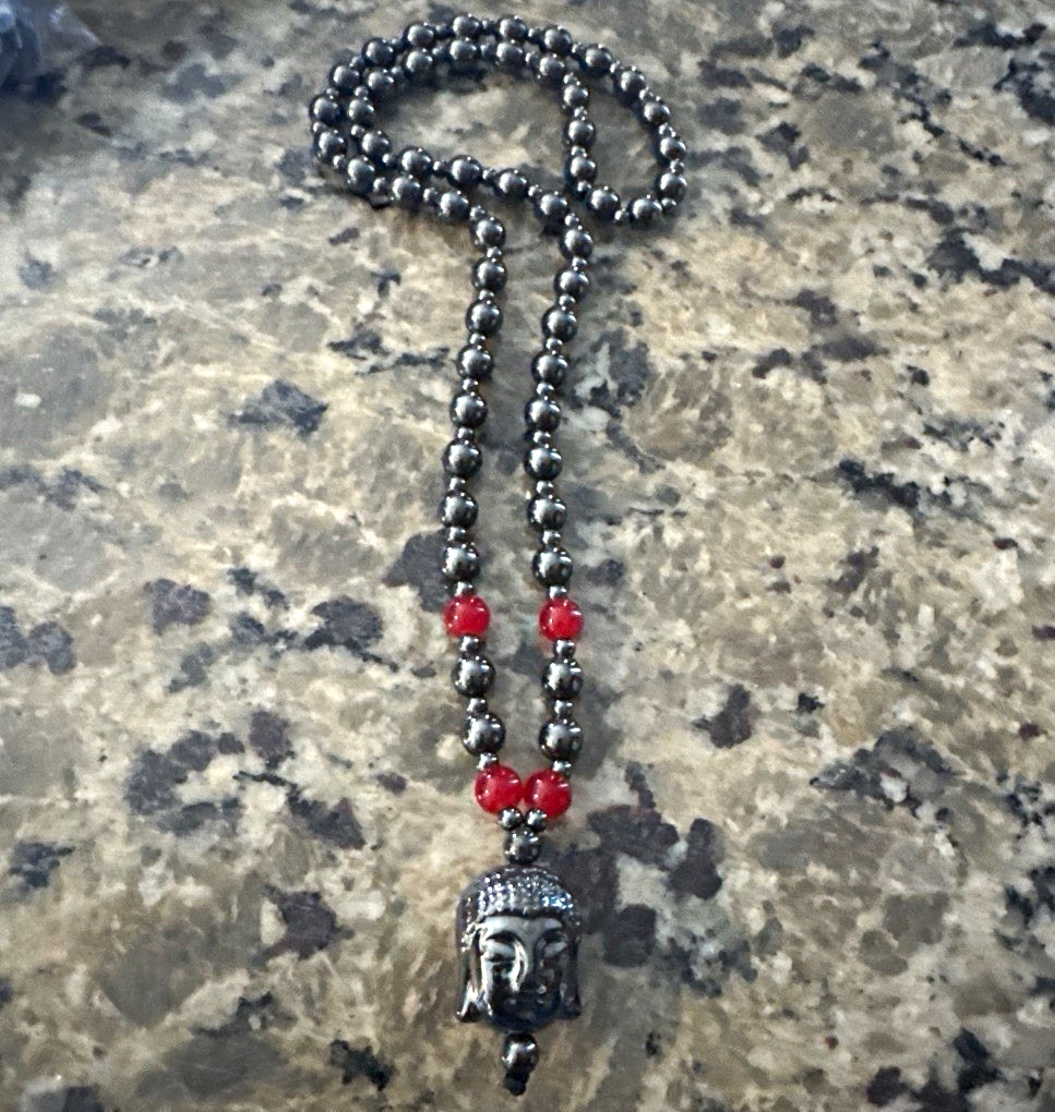 Black & Red Beaded Ball/Bead Chain Necklace Silver Tone Buddha Head Charm