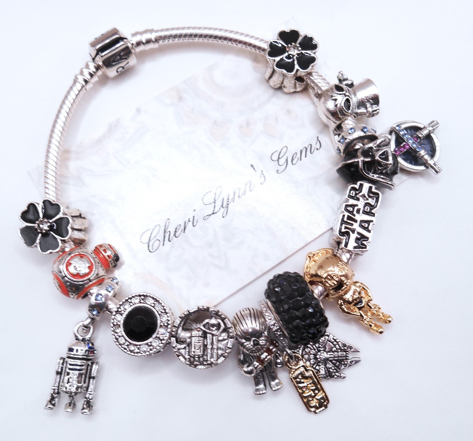 PANDORA SILVER BRACELET WITH MOVIE CHARACTERS & BLACK CZ CHARMS!