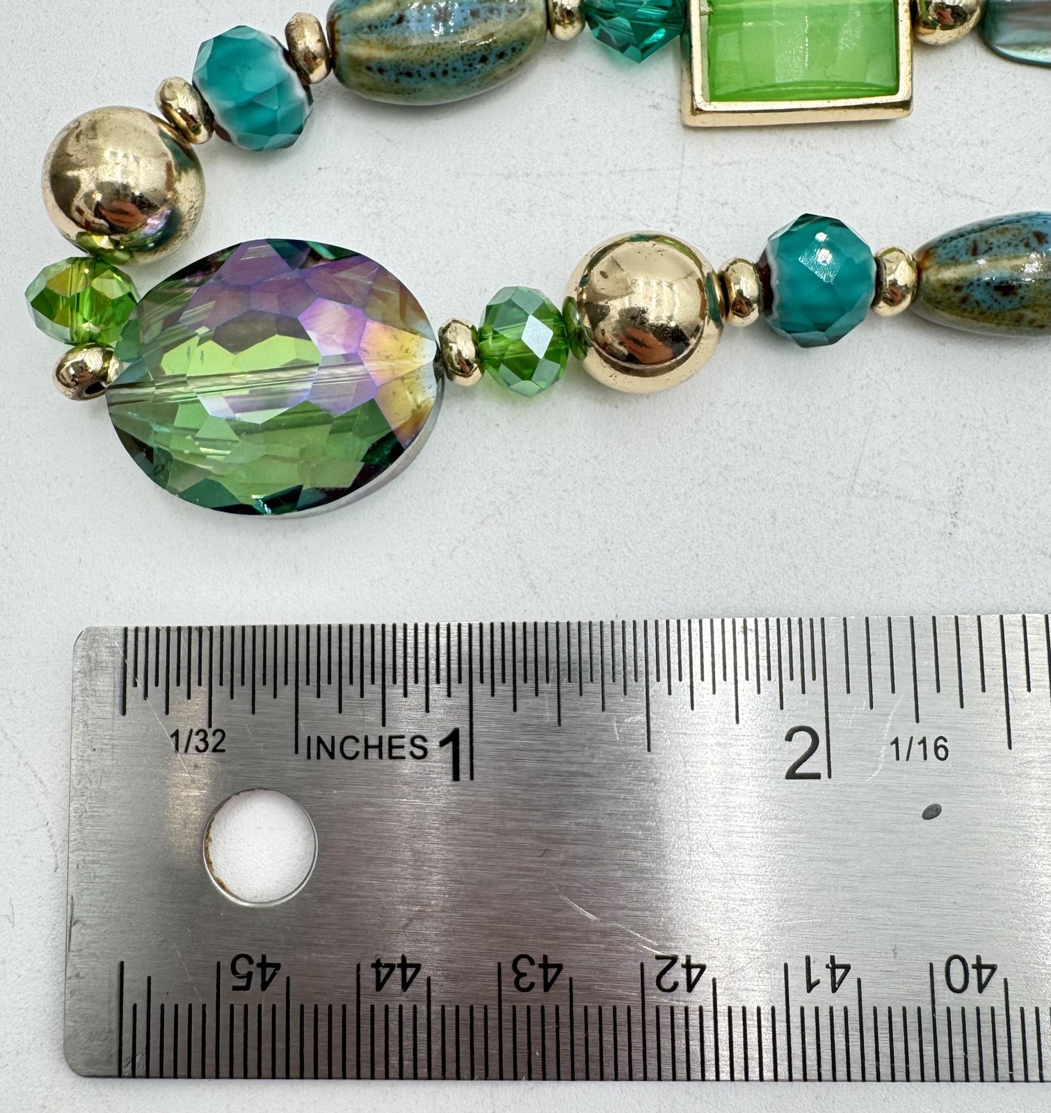 Statement Beaded Necklace Green Multicolor Glass Gold Tone Chain Womens 34in