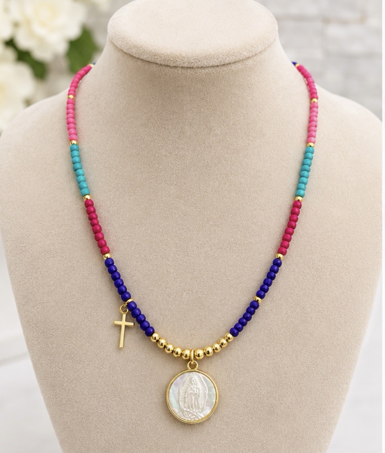 Multicolor Beaded Ball/Bead Chain Necklace, Cross Charm Pendant, Lobster