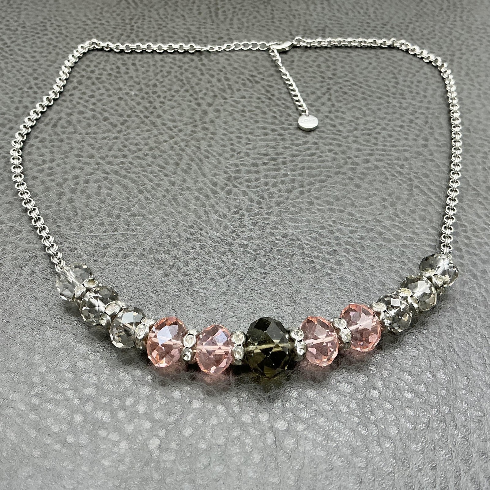 LOFT Necklace Silver Tone Pink Gray Crystal Beaded Womens Statement Jewelry 18″