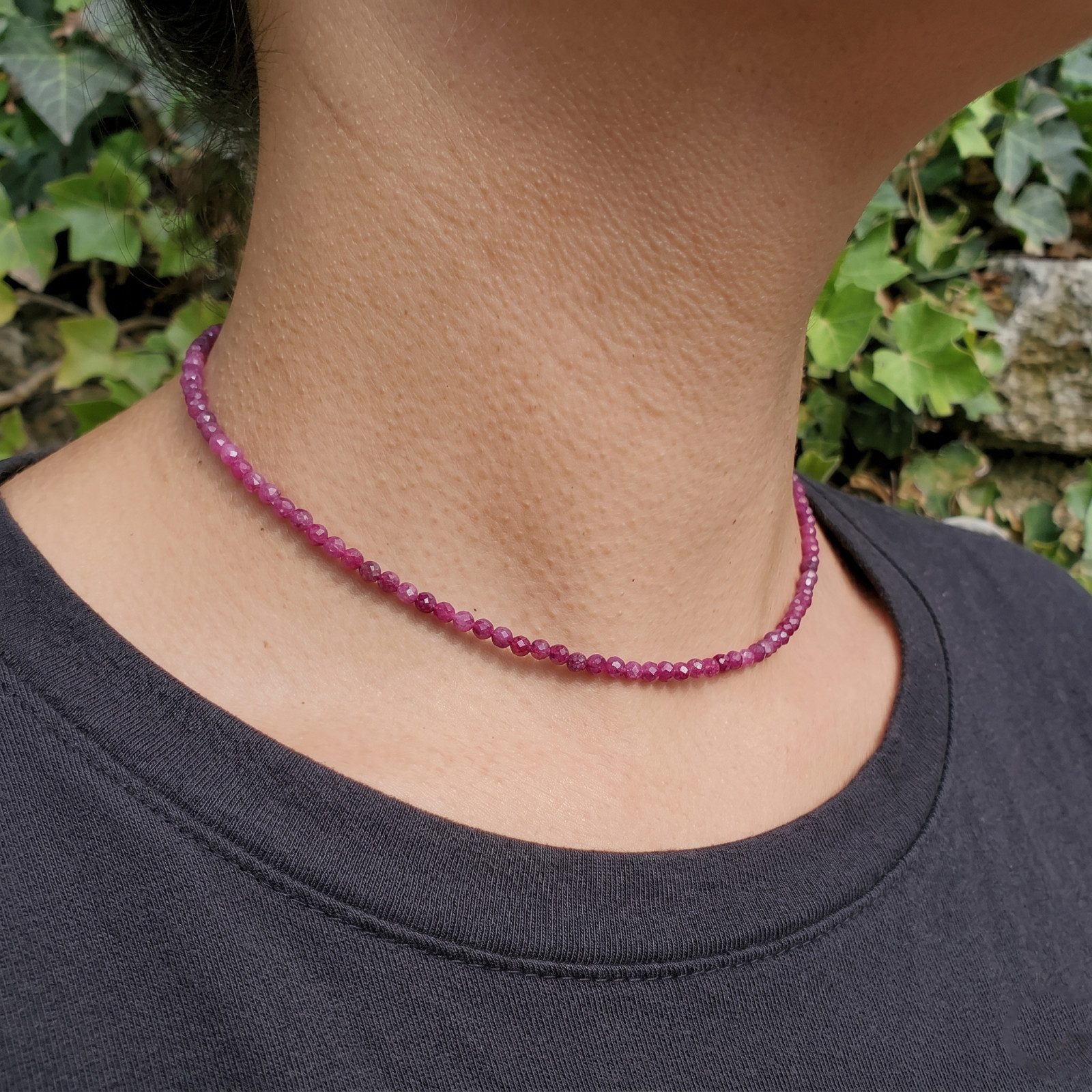 2mm Faceted Ruby Choker Necklace Natural Red Gemstone Adjustable Healing Jewelry