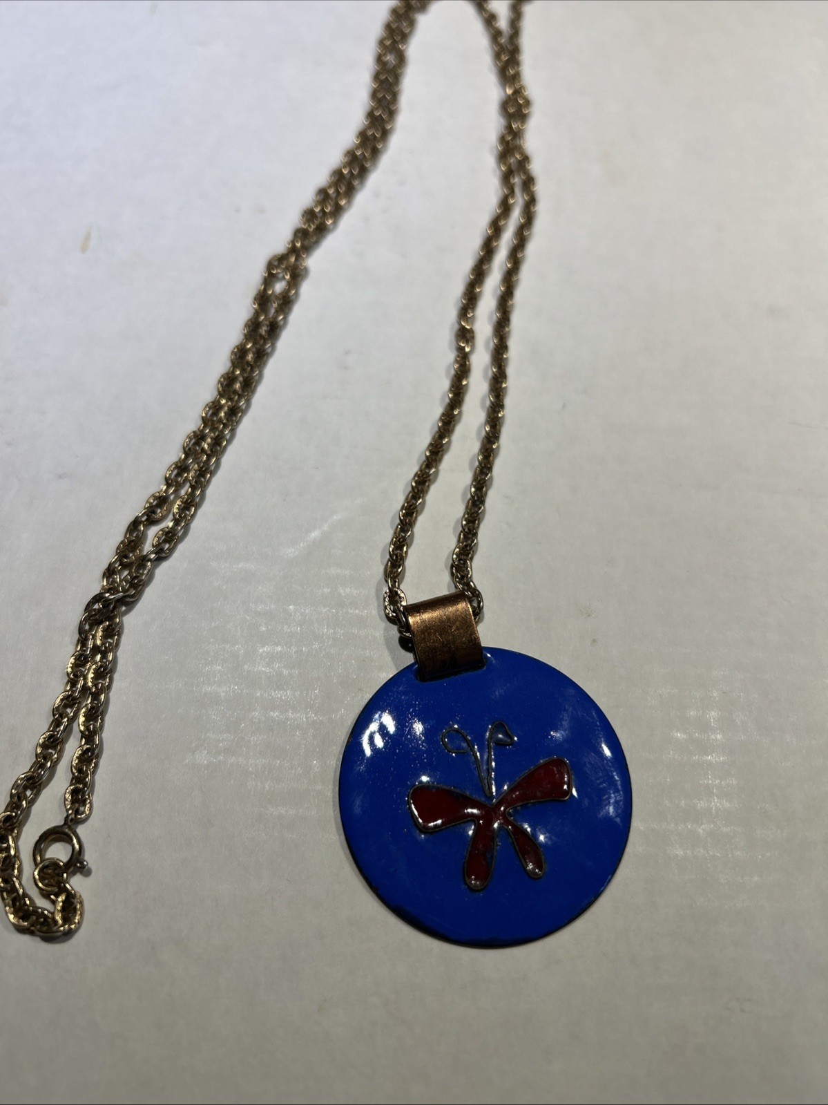 Hand Enameled Copper Butterfly Pendant Necklace