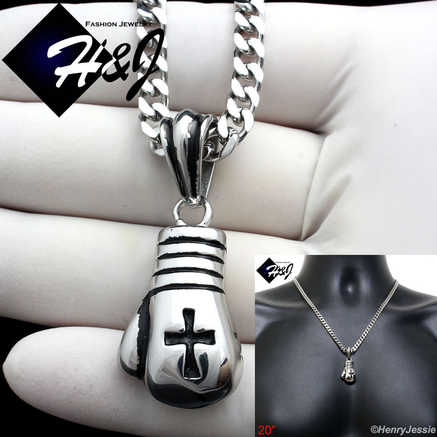 20″Stainless Steel 5mm Curb Chain Silver/Black Plated Boxing Glove Pendant*P75