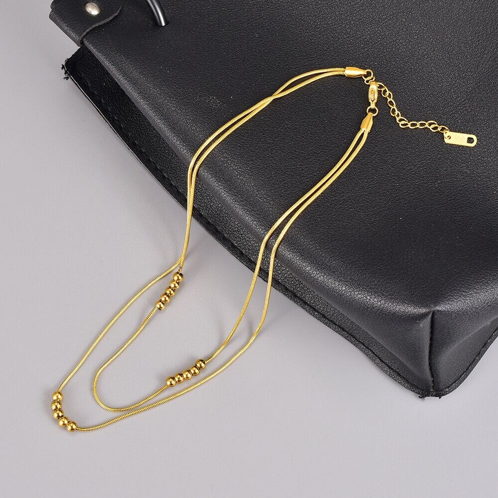 Woman 18K Gold Plated Stainless Steel Beaded 2 Layers Snake Chain Necklace