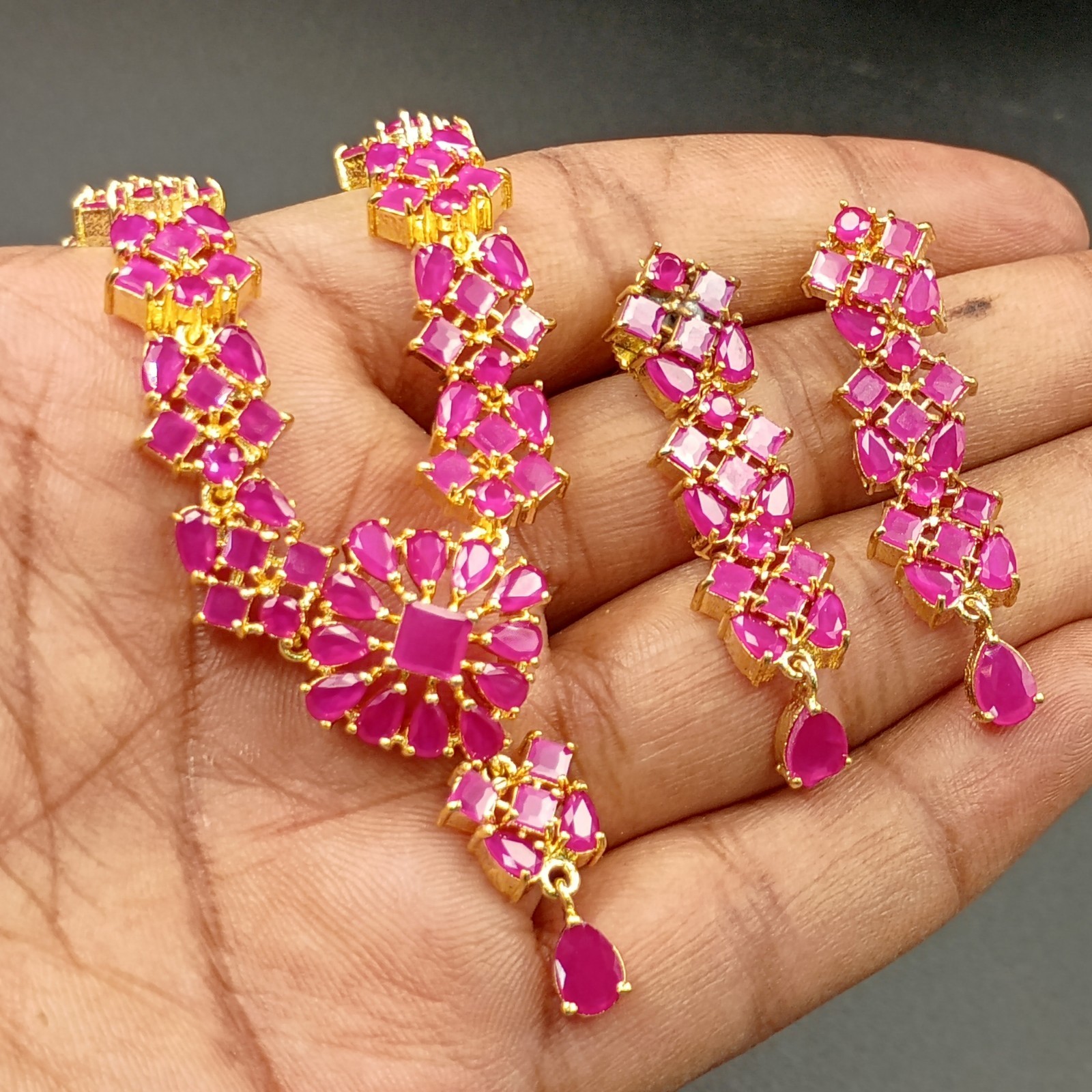 Ruby Necklace Set 22K Gold Plated Indian Bridal Wedding Jewelry Choker Earrings