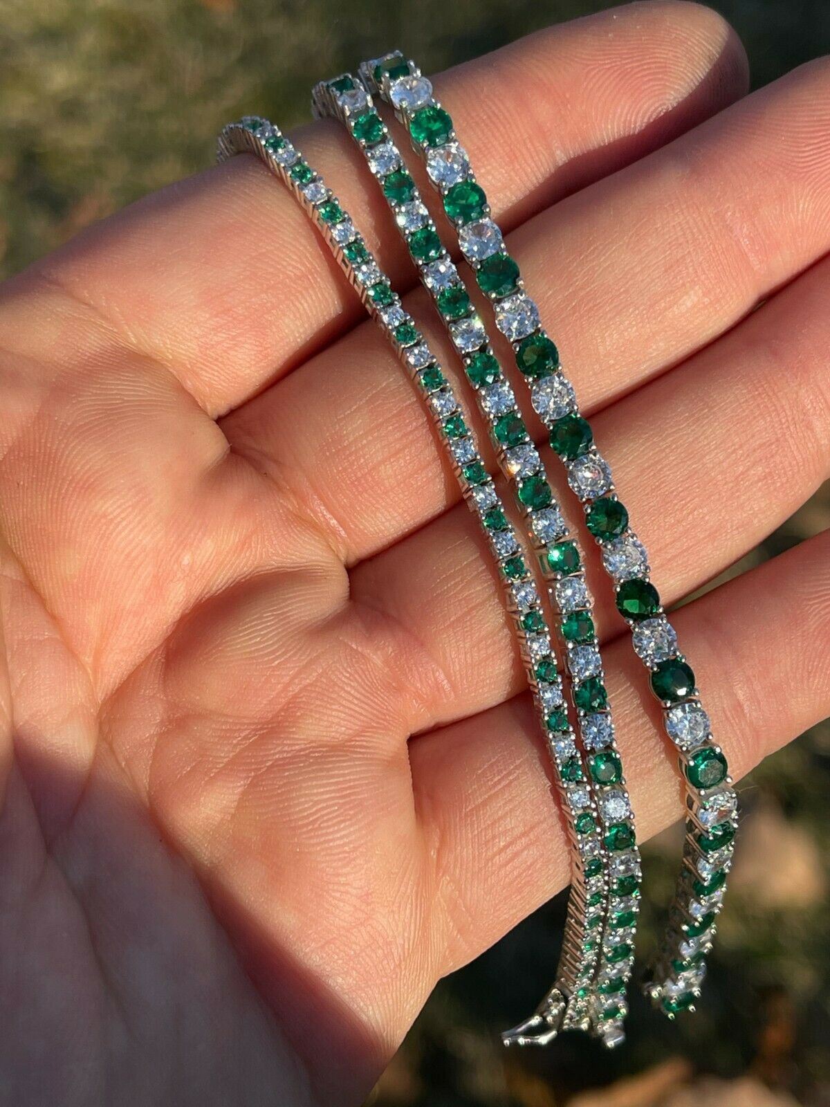 Tennis Bracelet SOLID 925 Sterling Silver Iced Simulated Diamond & Green Emerald