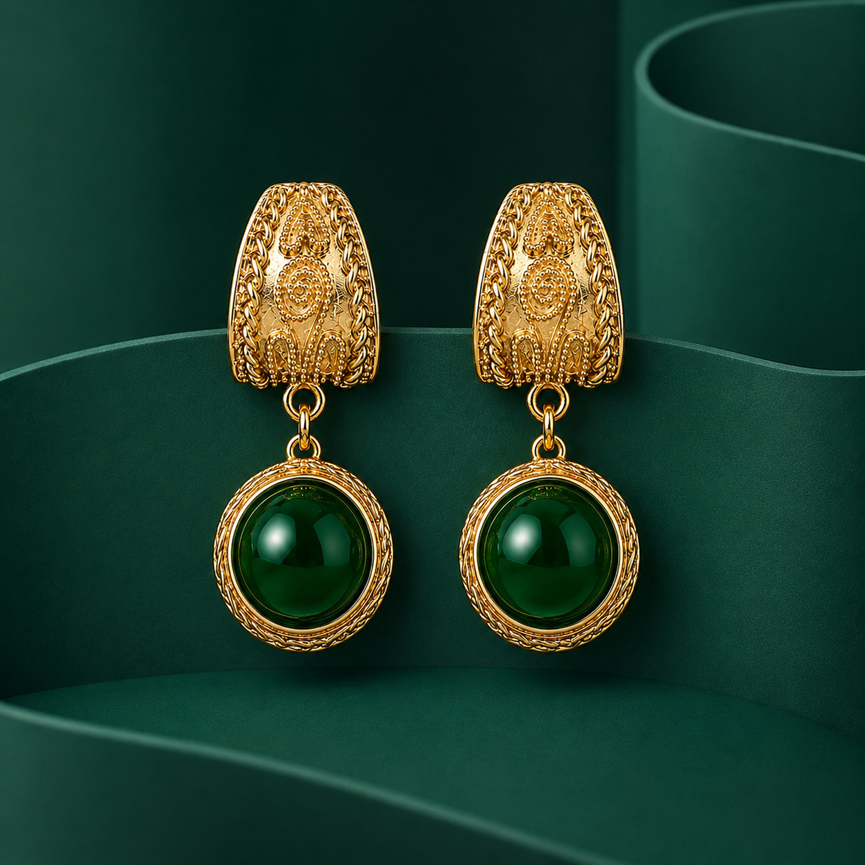 Retro Byzantine Style Textured Gold & Emerald Green Ball Statement Drop Earrings