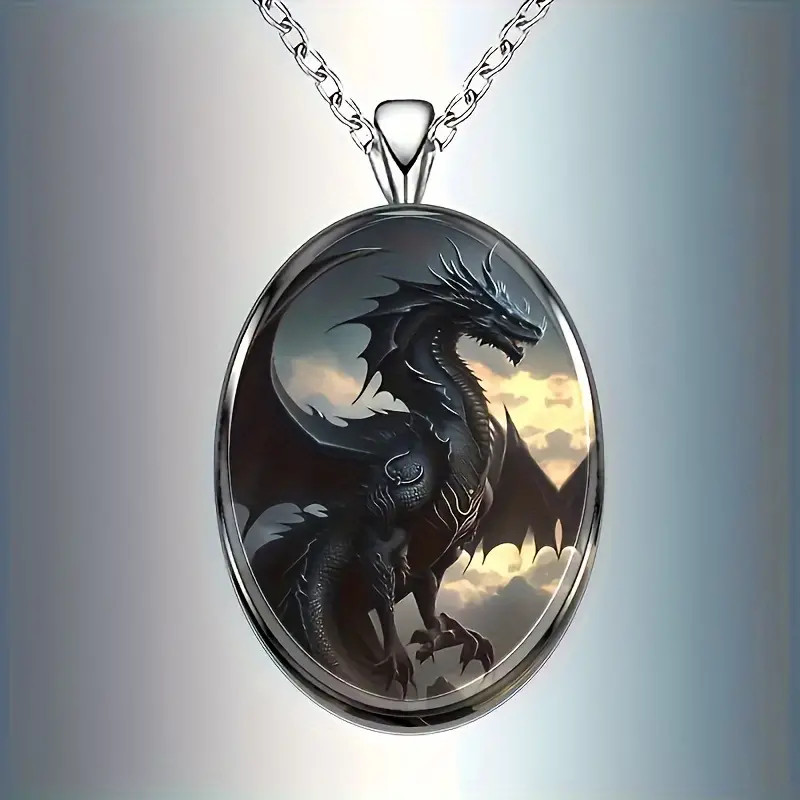 Dragon Dark Oval Jewelry Vintage Silvery Magical Gothic Pendant Necklace