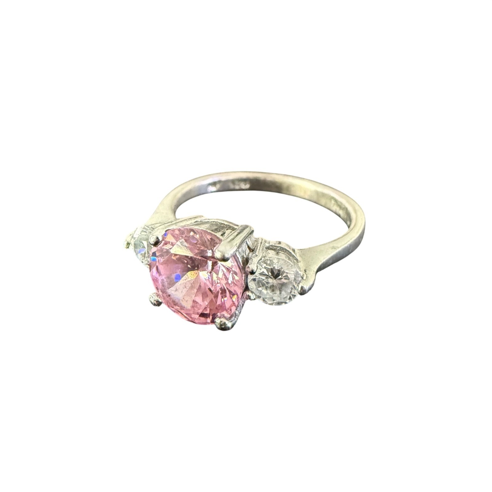 Sterling Silver Pink & White CZ Three-Stone Ring Oval Cut Size 9 Classic Design