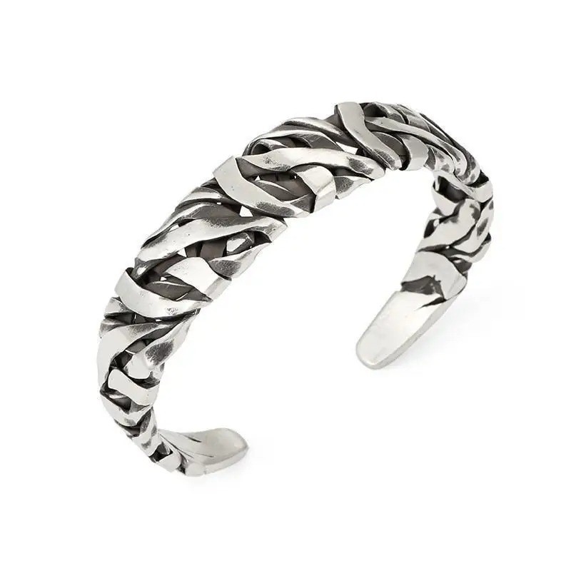 Retro C-shaped Braided Alloy Men Bracelet Silver Simple Cuff Jewelry Accessory