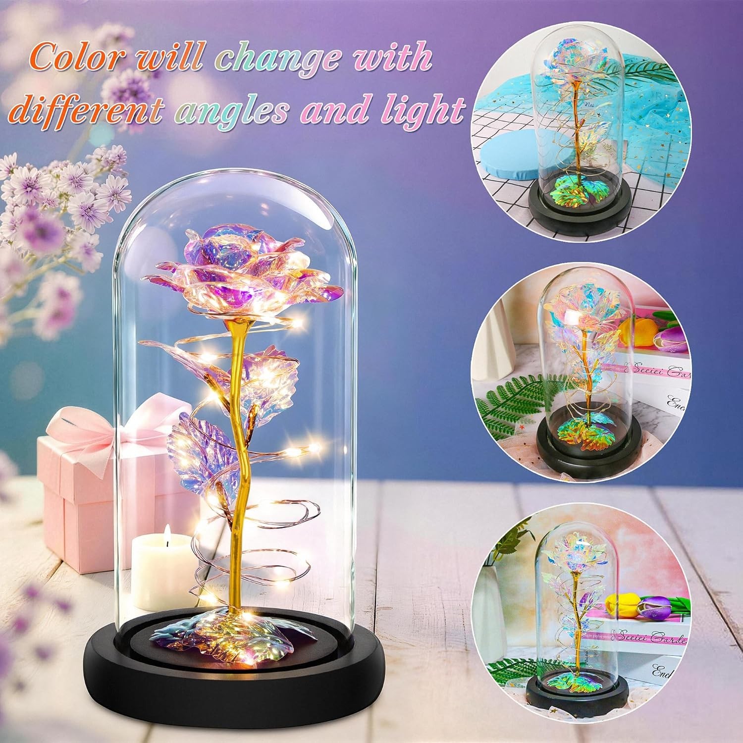 Eternal Love: Rainbow Rose in Glass Dome with LED Lights for All Occasions