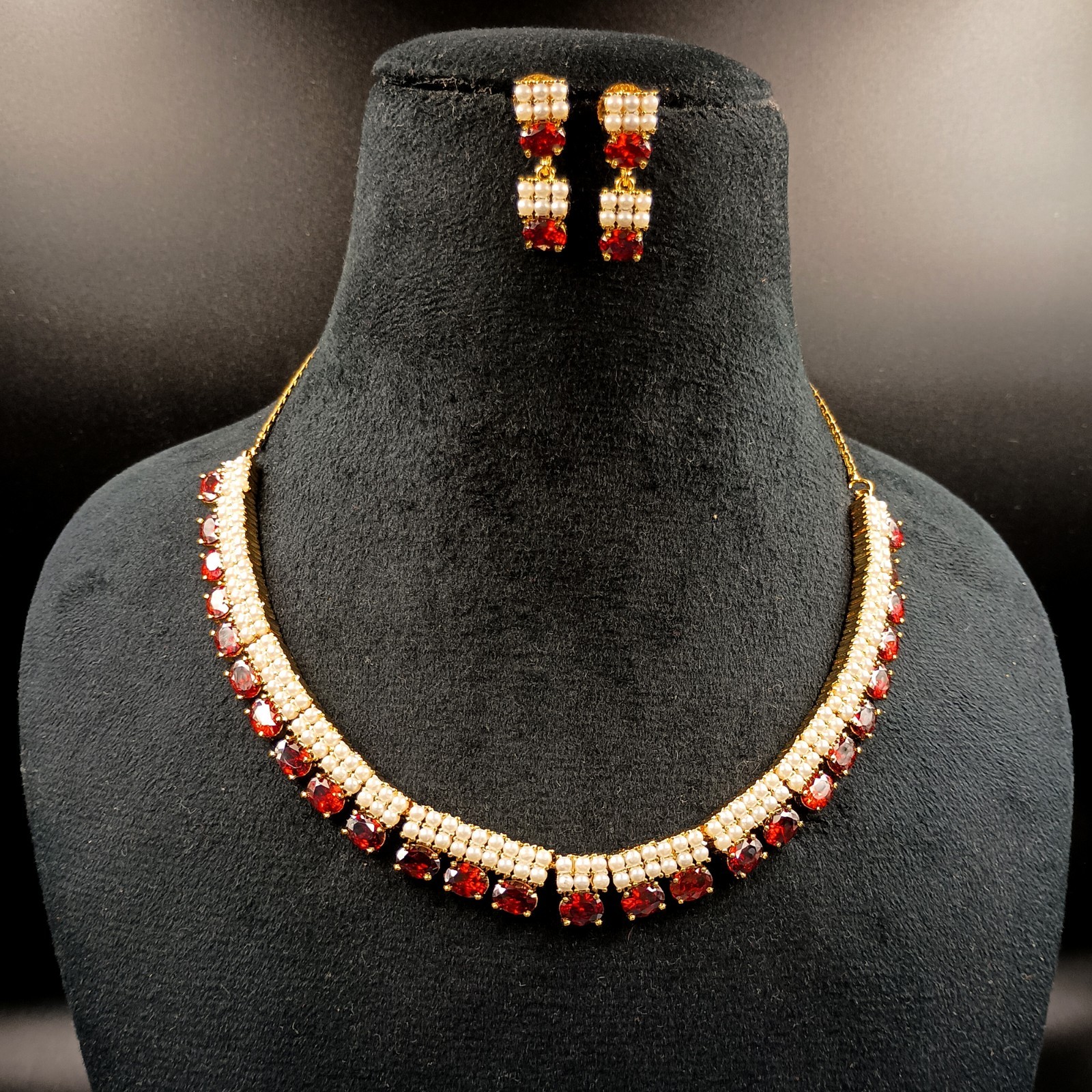 22k Gold Plated Indian Jewelry Set Traditional Garnet Pearl Choker Earrings