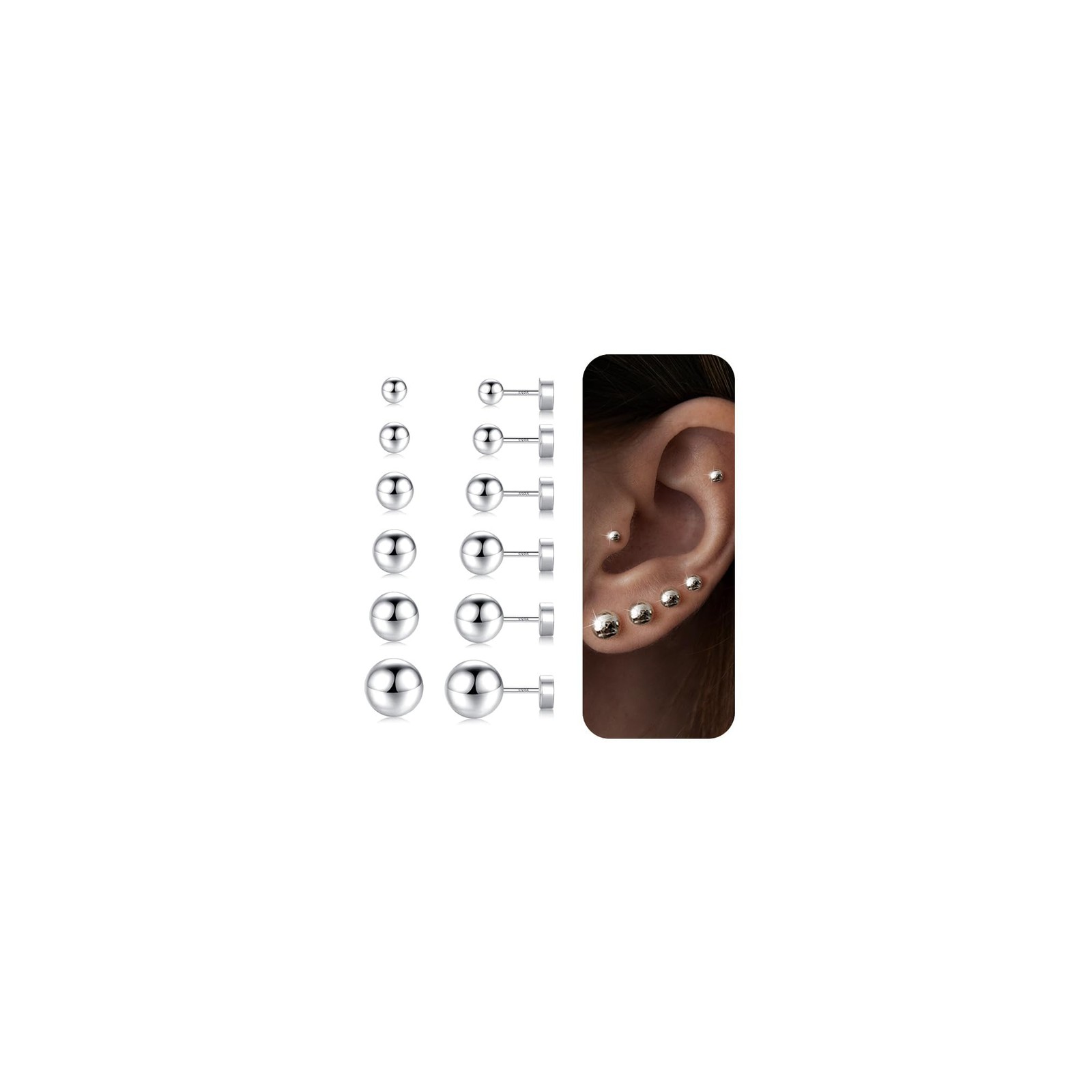 Yoosteel 6 Pairs 2mm, 3mm, 4mm, 5mm, 6mm, 8mm, Ball-Sliver-Plated