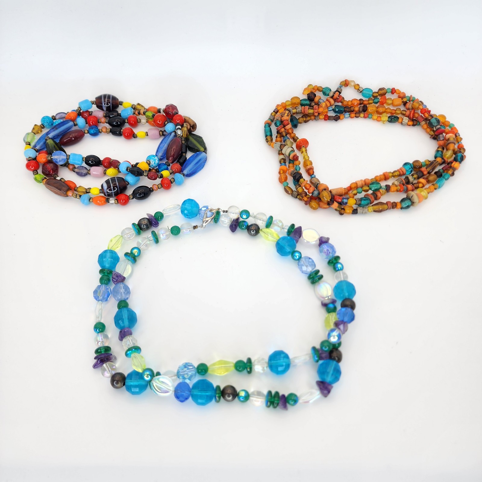 Colorful Beaded Long Dangle Necklace Lot Glass Stone Plastic Boho Eclectic