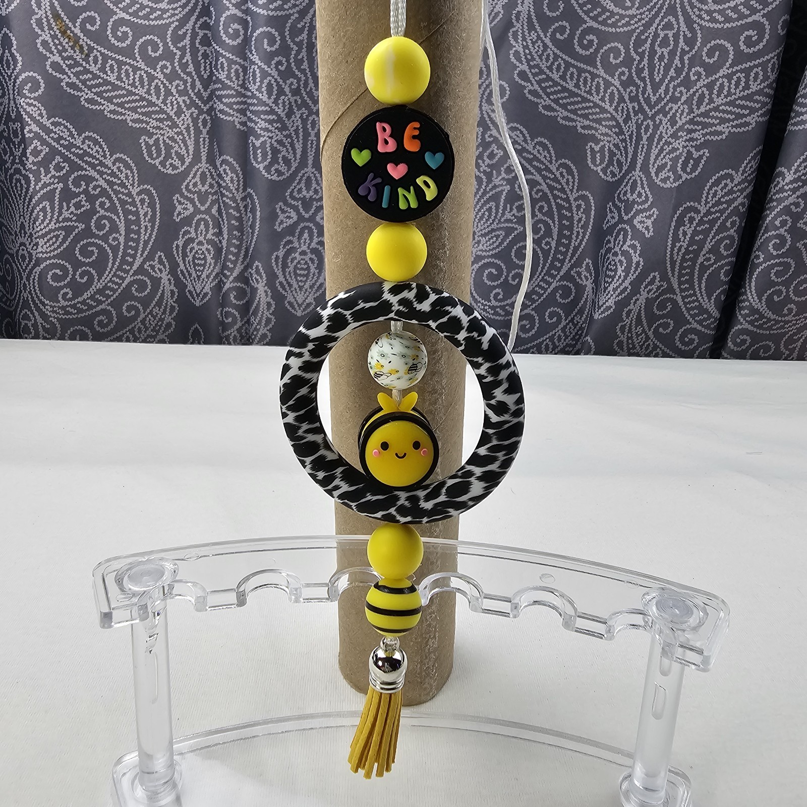 Car Rearview Mirror Charm Silicone Beads Circle Be Kind Bumble Bee And Tassle