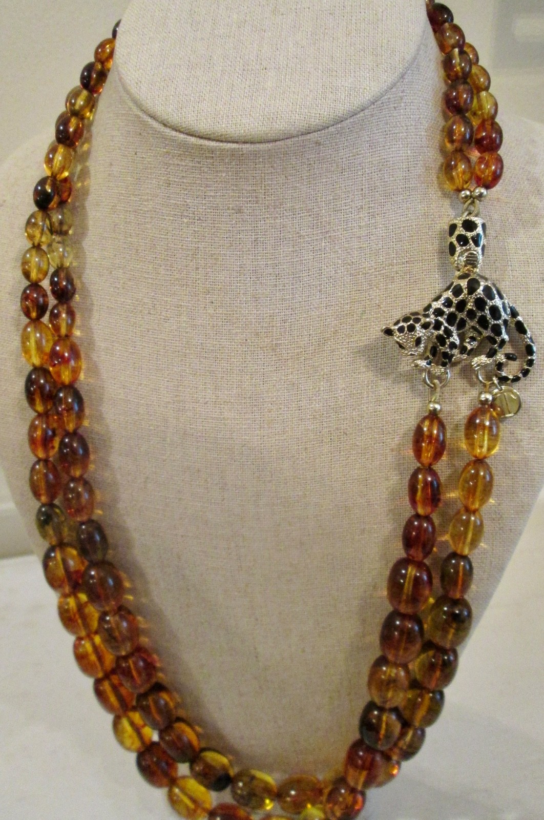 Talbots Statement Necklace faux Amber double strand w/Leopard enamel Clasp 26″
