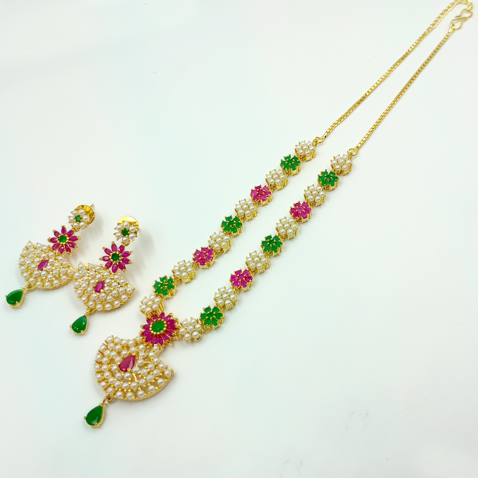 Ethnic 22K Gold Plated Kemp Ruby Emerald & Pearl Necklace Jewelry For Women
