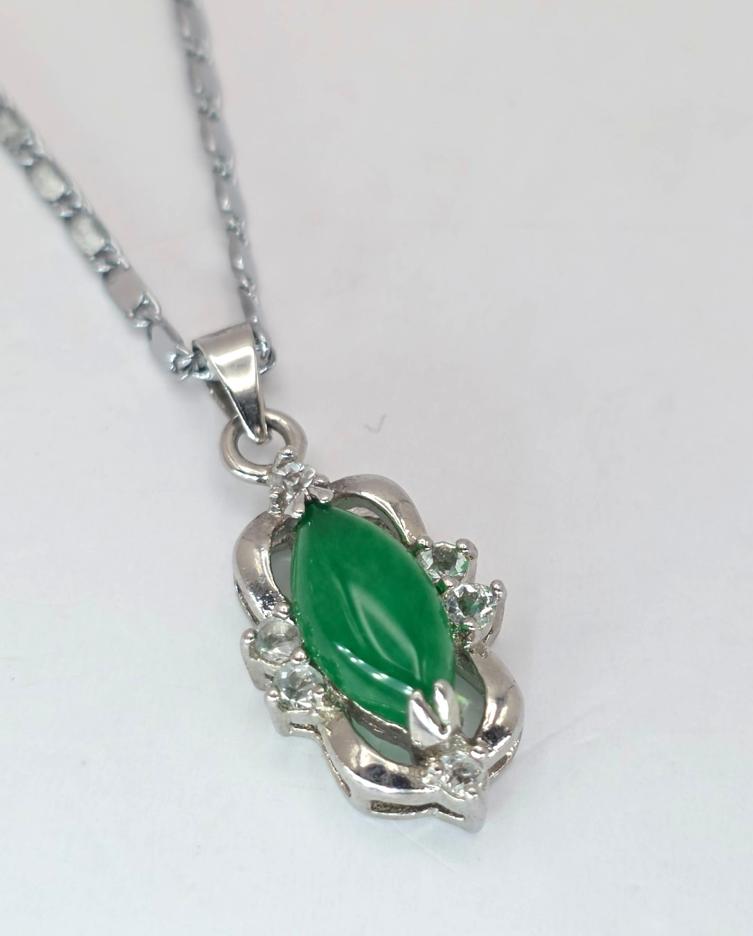 Green Chalcedony Marquise Pendant Necklace CZ Accent 18KGP Silver Tone