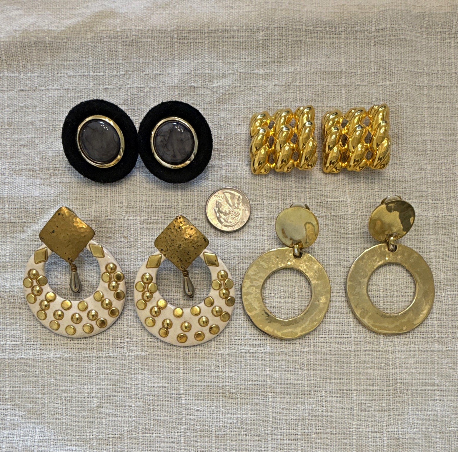 Lot of 4 Vintage Clip-On Earrings Gold Tone Metal Stud & Dangle/Drop Good Cond