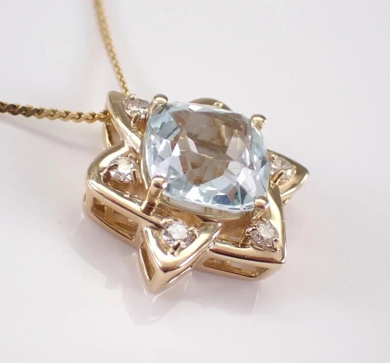 Cushion Cut Simulated Aquamarine Star Pendant Chain In 14k Yellow Gold Plated