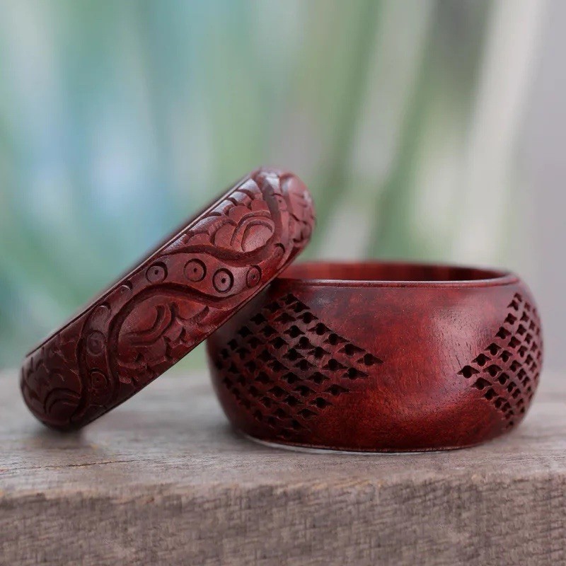 INDIA ROMANCE Boho Artisan Carved Mango Wood Carved Bangle Bracelet Set Bride