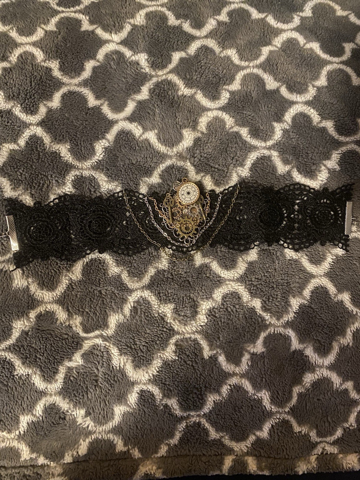 Black Lace Steampunk Cuff Necklace w/ Dangle Clock Charm, Snap Closure