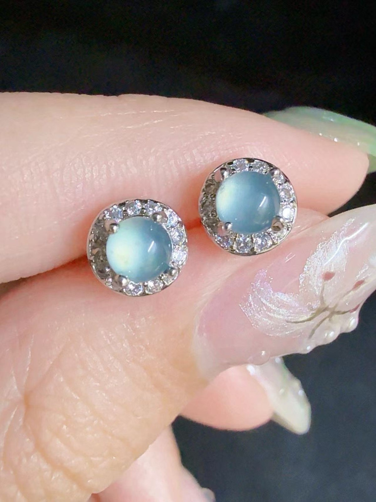 Nice 100% Natural sky blue jadeite stud earrings
