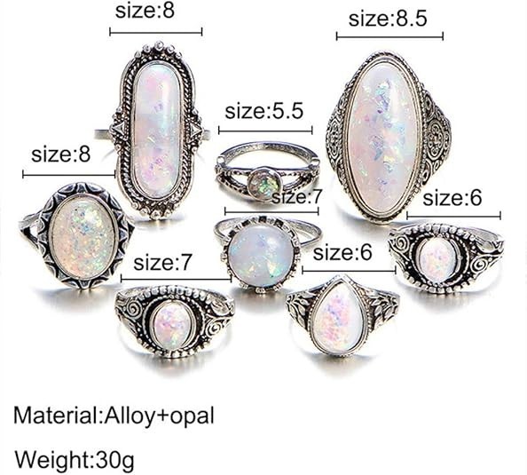 8 Piece Set White Opal Rings Jewelry Stone Alloy Steel Carved Bohemian Fairygoth