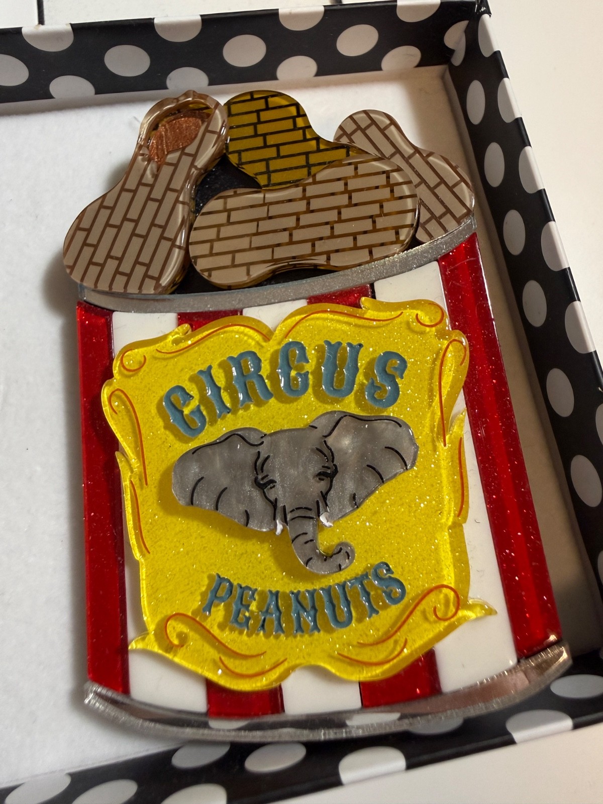 All’s Shell That Ends Shell Brooch Lipstick & Chrome Circus Peanuts Elephant Pin